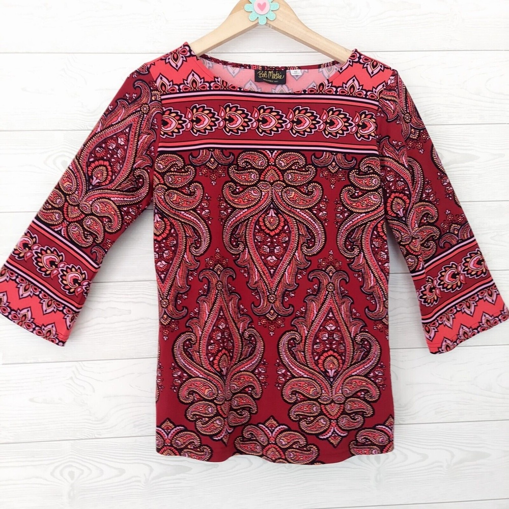 BOB MACKIE Red Tunic Top XS Paisley Stretch Oversize